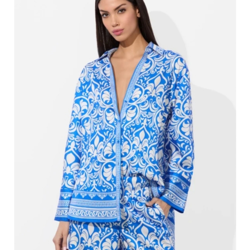 Alice + Olivia Kiva Oversize Mixed Print Button-Up Shirt